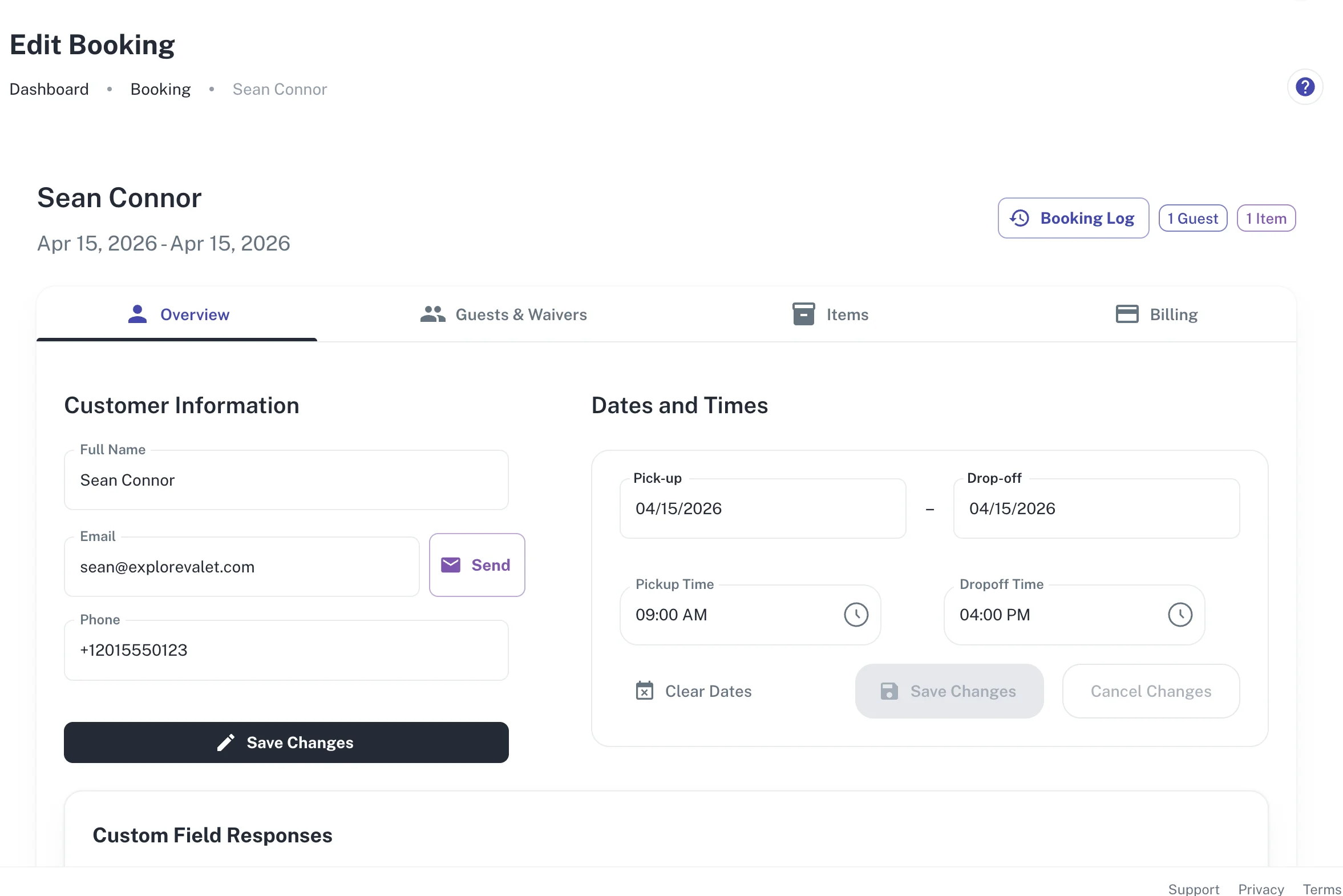 Valet booking edit interface