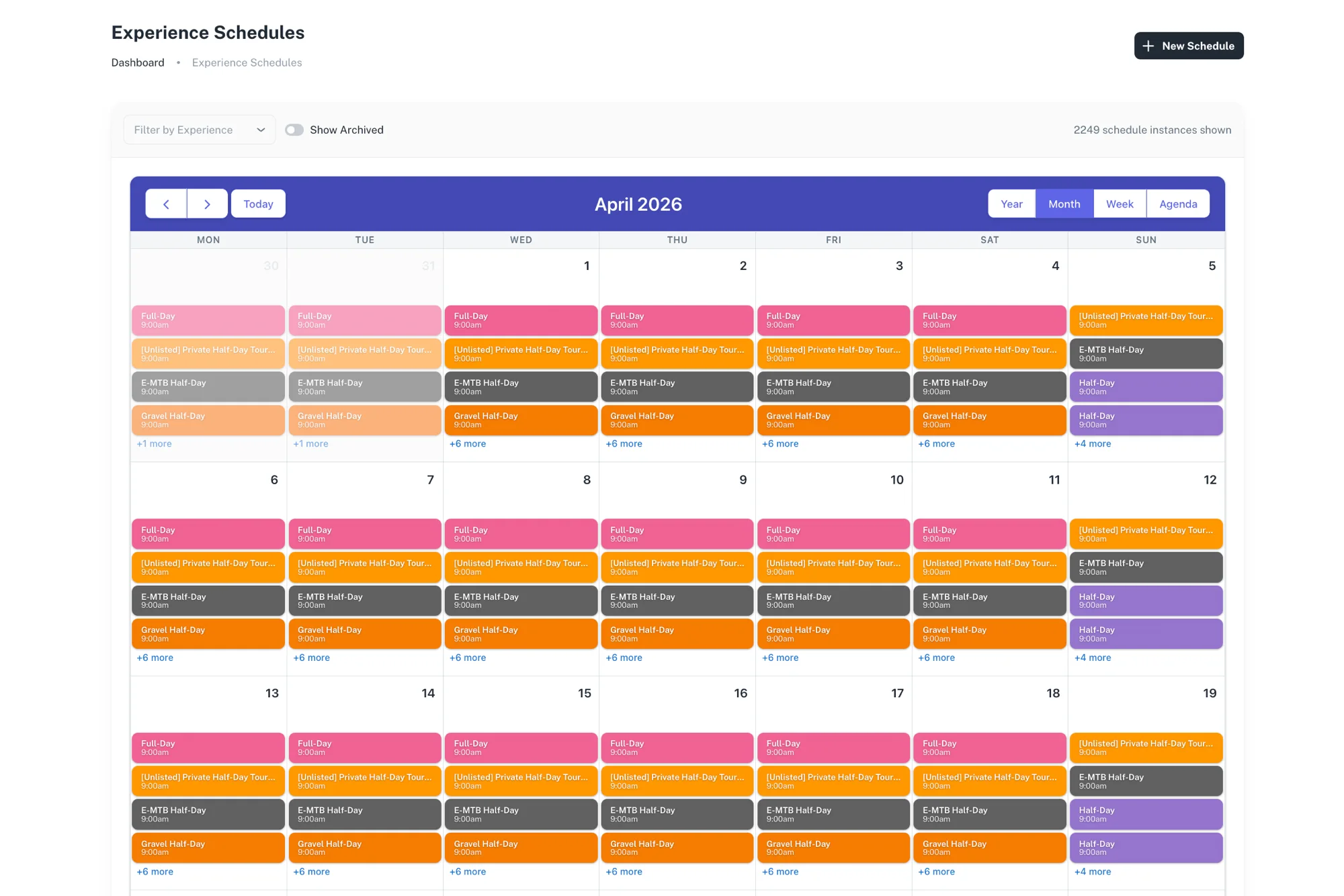 Valet experience scheduling calendar with tour types color-coded across monthly view
