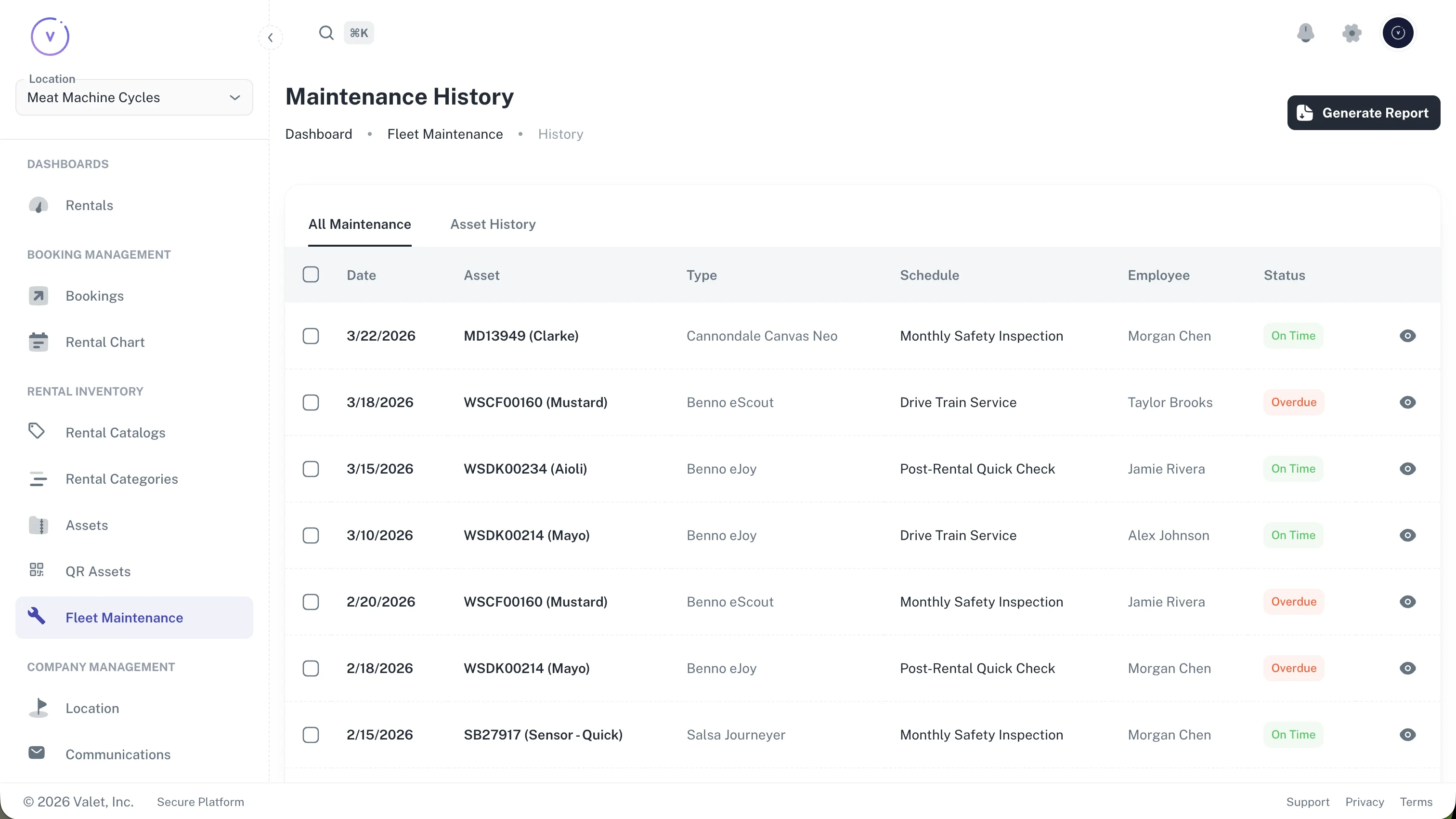 Valet maintenance history showing service records with employee names and completion status
