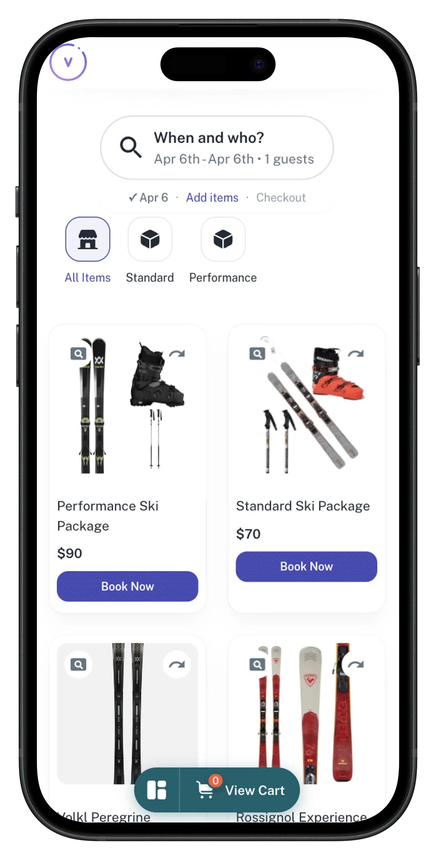 Ski rental checkout on phone