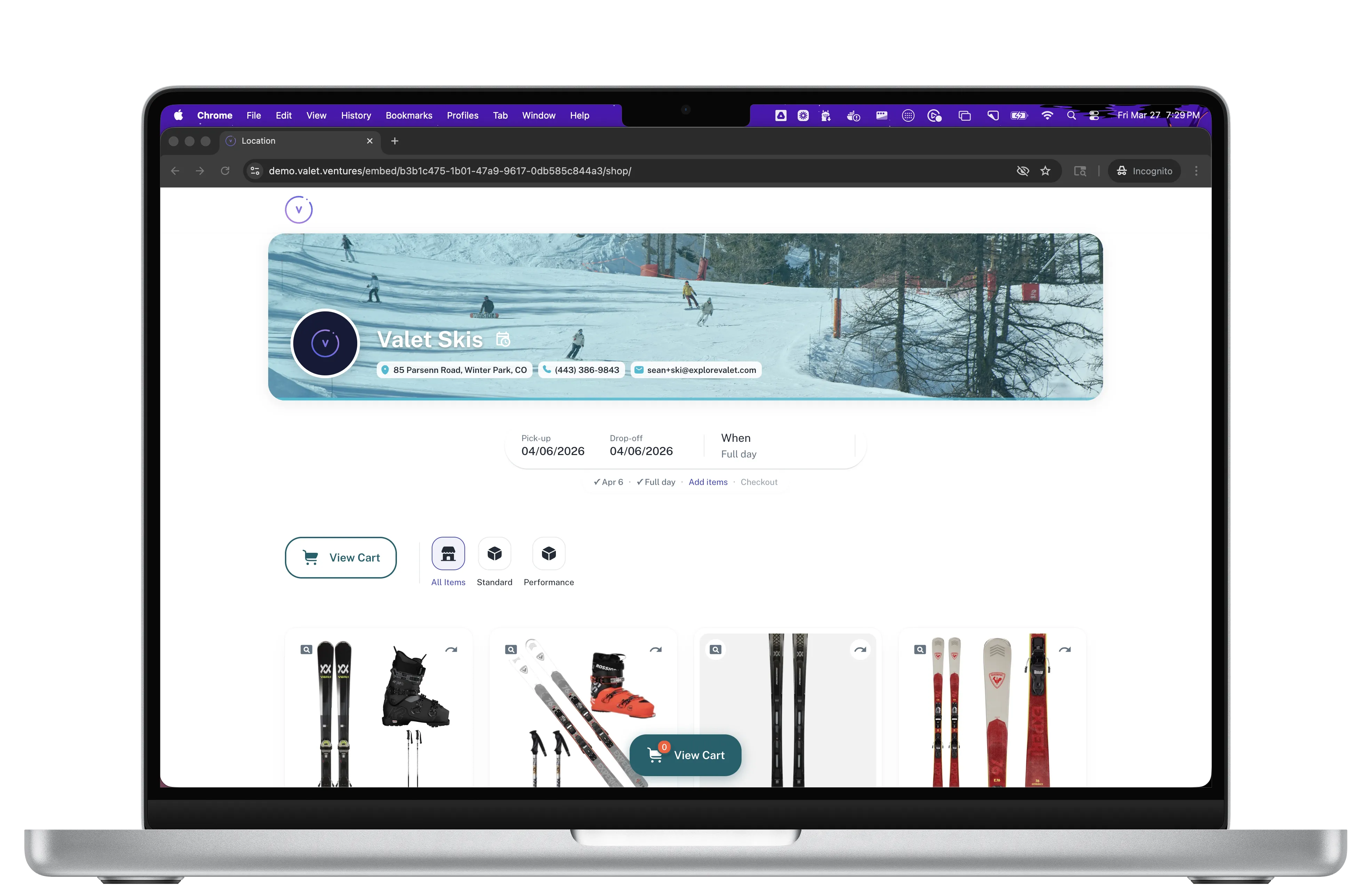 Ski rental catalog on laptop